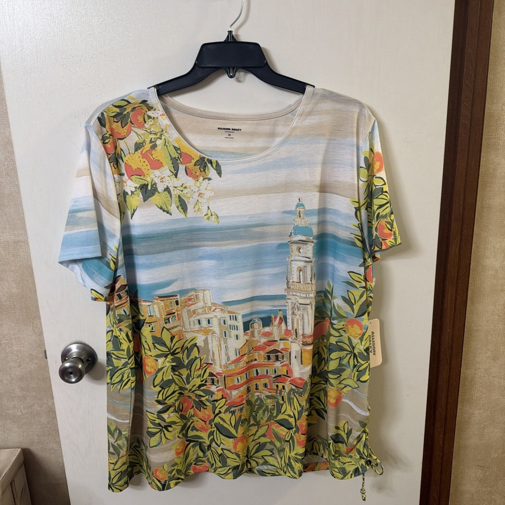 Allison Daley Womans Plus 3X Tuscan Village Print Short Sleeve Side Ruched Top